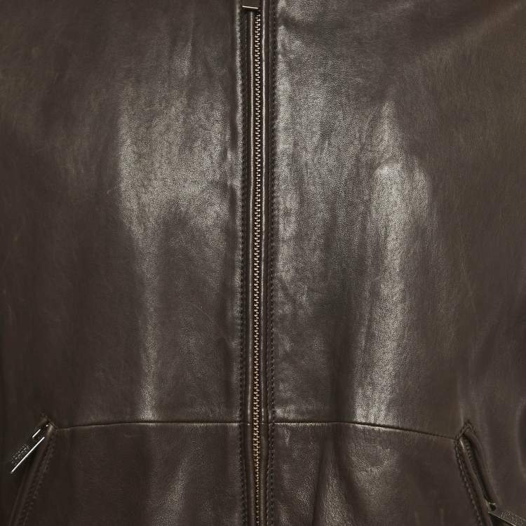 Pre Owned Armani Collezioni Brown Lambskin Leather Zip-Up Jacket S