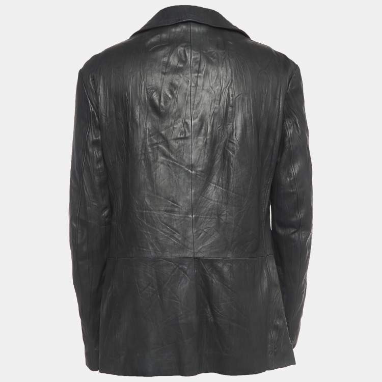 مملوكة مسبقًا Armani Collezioni Black Crinkled Leather Buttoned Jacket XXL