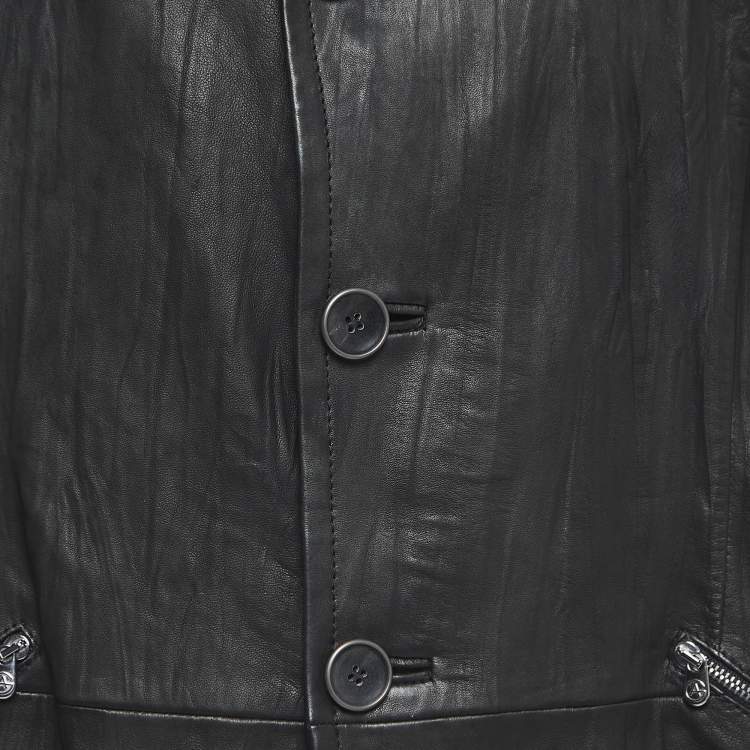 مملوكة مسبقًا Armani Collezioni Black Crinkled Leather Buttoned Jacket XXL
