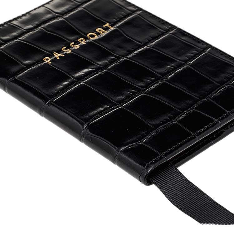 Pre Owned Aspinal Black Croc Embossed Leather Passport Cover 