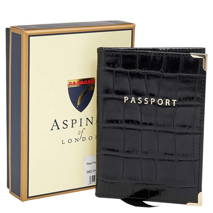 Pre Owned Aspinal Black Croc Embossed Leather Passport Cover 