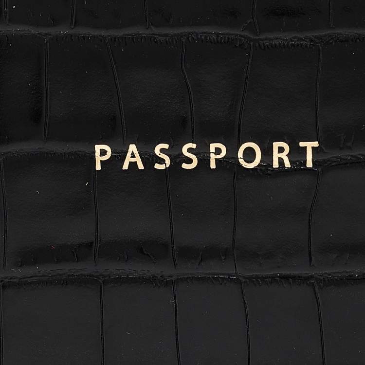 Pre Owned Aspinal Black Croc Embossed Leather Passport Cover 