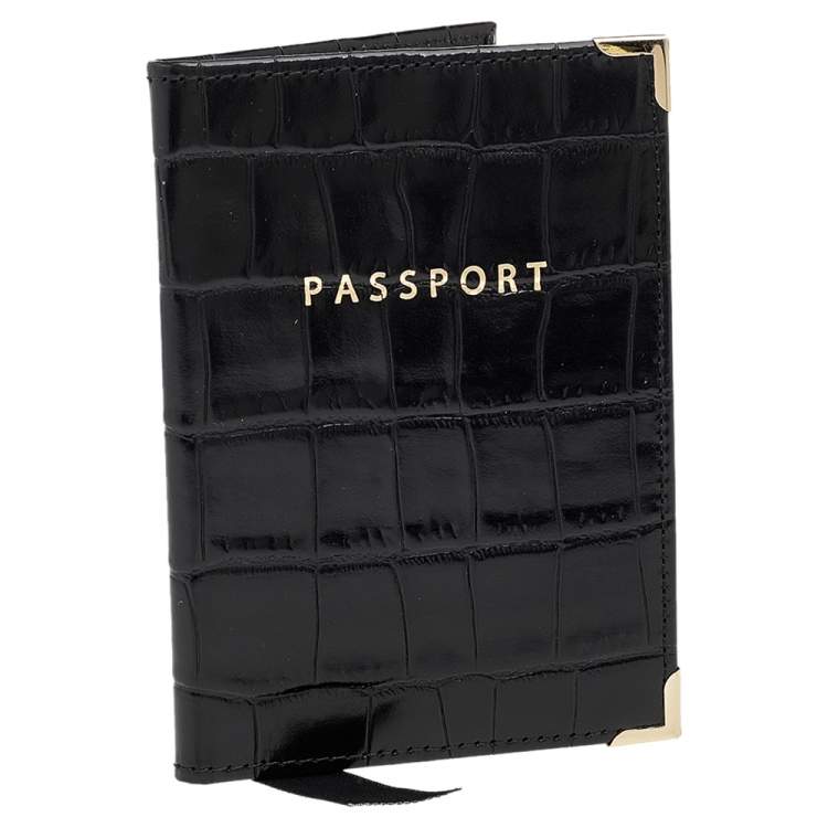 Pre Owned Aspinal Black Croc Embossed Leather Passport Cover 