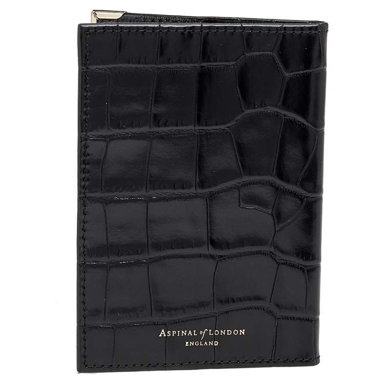Pre Owned Aspinal Black Croc Embossed Leather Passport Cover 