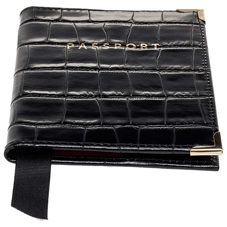 Pre Owned Aspinal Black Croc Embossed Leather Passport Cover 