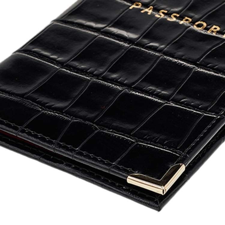Pre Owned Aspinal Black Croc Embossed Leather Passport Cover 