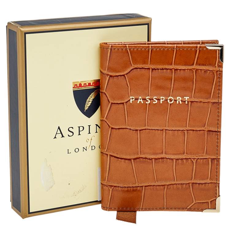 Pre Owned Aspinal Of London Tan Croc Embossed Leather Passport Cover 