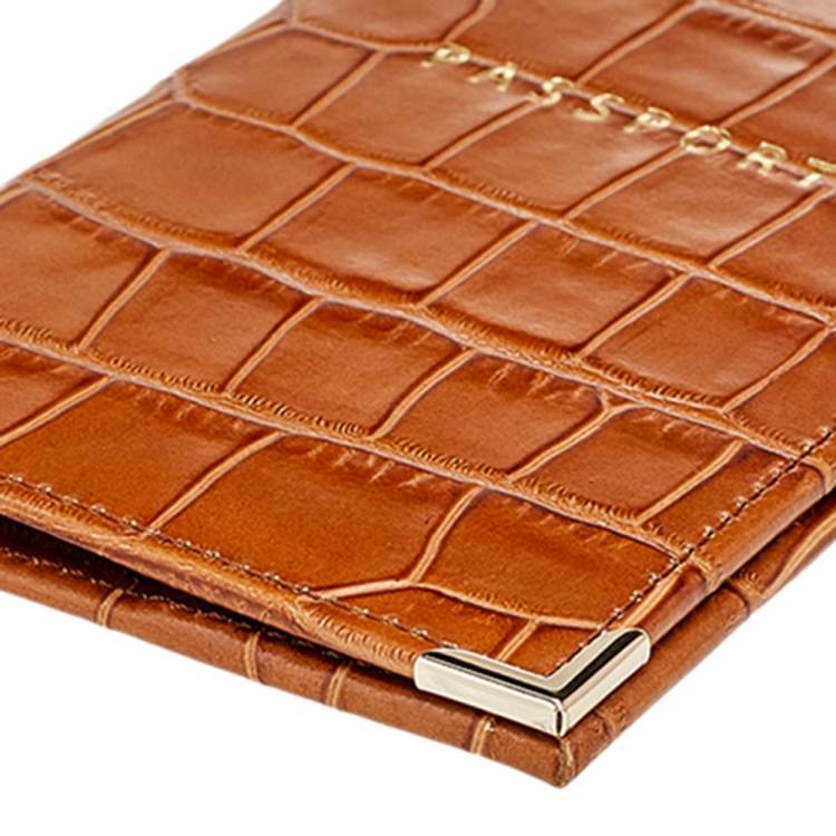 Pre Owned Aspinal Of London Tan Croc Embossed Leather Passport Cover 