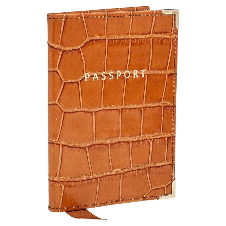 Pre Owned Aspinal Of London Tan Croc Embossed Leather Passport Cover 