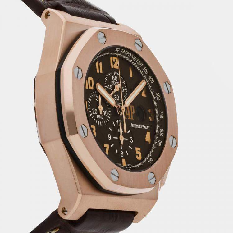 Pre Owned Audemars Piguet Brown 18k Rose Gold Crocodile Royal Oak Offshore 26158OR.OO.A801CR.01 Men's Wristwatch 48 mm