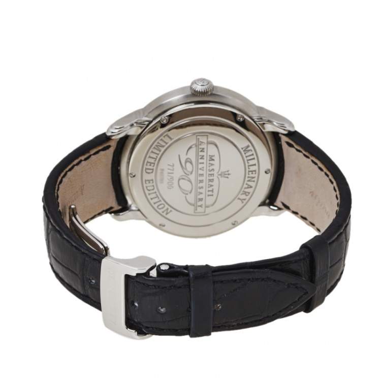 Pre Owned Audemars Piguet Silver White Stainless Steel Leather Millenary Limited Edition Maseratti Anniversary 90 Men's Wristwatch 47 mm