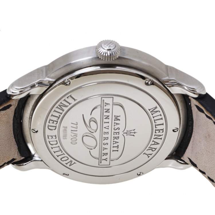 Pre Owned Audemars Piguet Silver White Stainless Steel Leather Millenary Limited Edition Maseratti Anniversary 90 Men's Wristwatch 47 mm