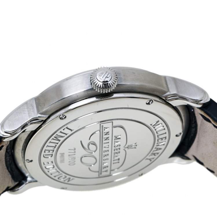 Pre Owned Audemars Piguet Silver White Stainless Steel Leather Millenary Limited Edition Maseratti Anniversary 90 Men's Wristwatch 47 mm