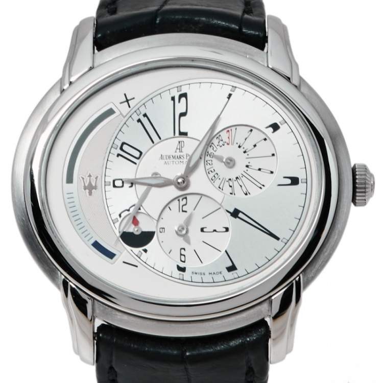 Pre Owned Audemars Piguet Silver White Stainless Steel Leather Millenary Limited Edition Maseratti Anniversary 90 Men's Wristwatch 47 mm
