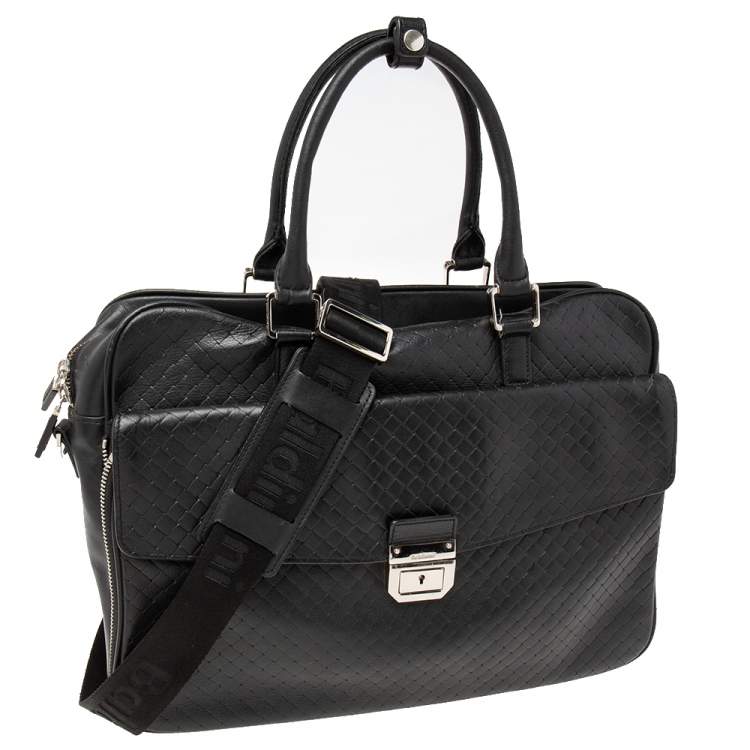 Pre Owned Baldinini Black Woven Embossed Leather Lock Laptop Briefcase 