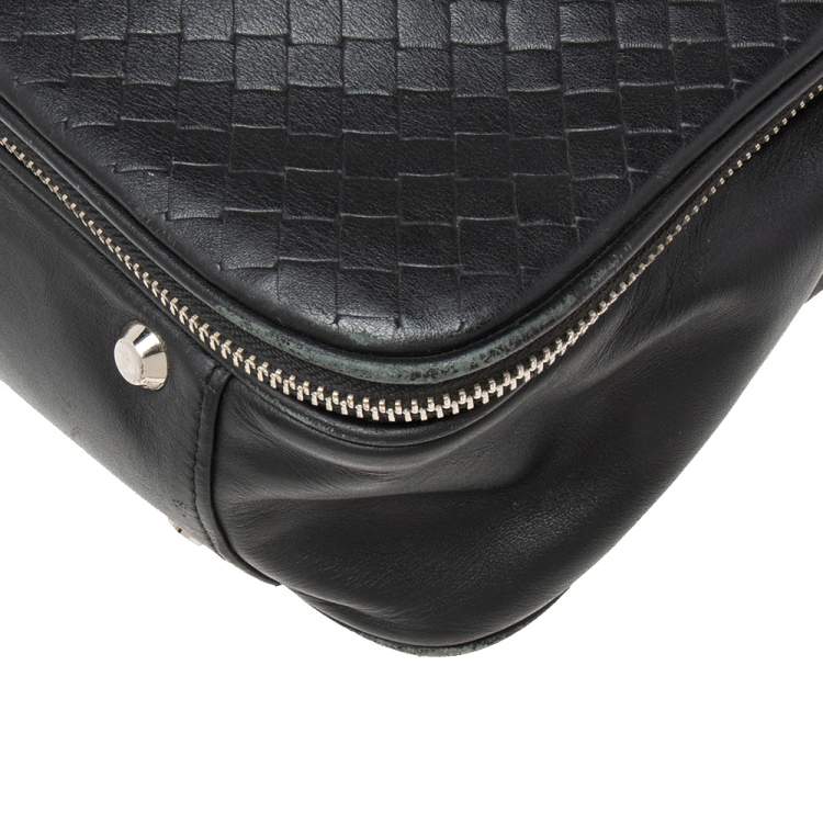 Pre Owned Baldinini Black Woven Embossed Leather Lock Laptop Briefcase 