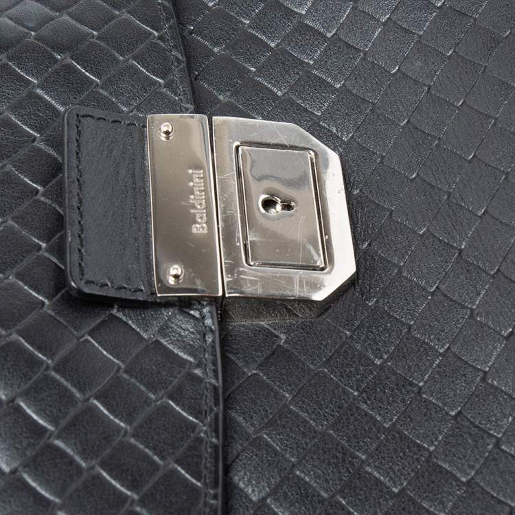 Pre Owned Baldinini Black Woven Embossed Leather Lock Laptop Briefcase 