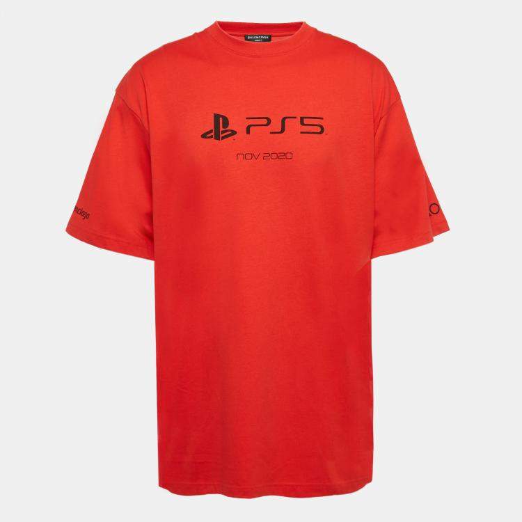 Pre Owned Balenciaga X PS5 Red Printed Cotton Boxy T-shirt L