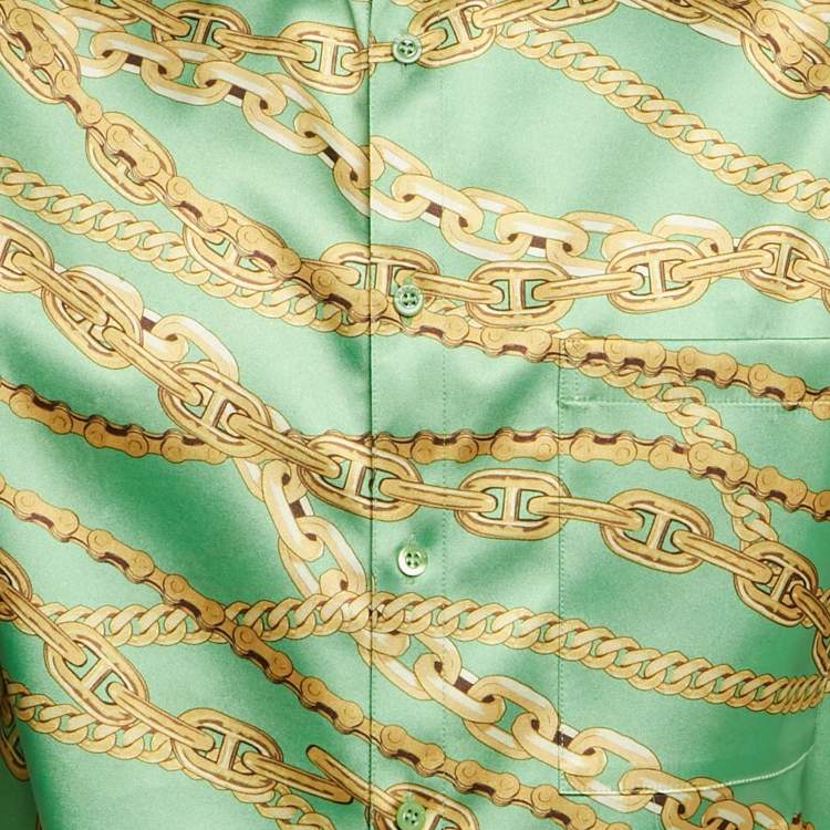 Pre Owned Balenciaga Green Chain Print Satin Short Sleeve Oversized Shirt XS