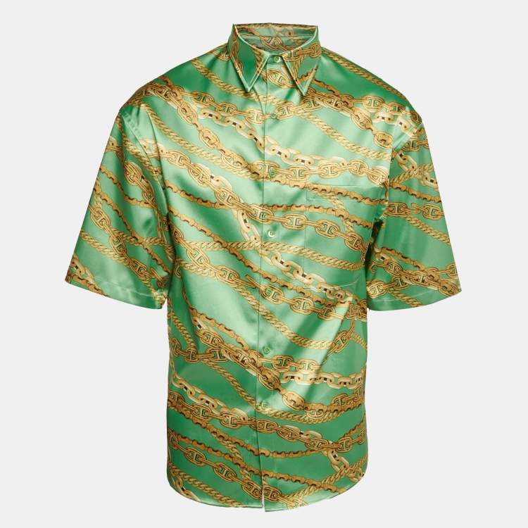 Pre Owned Balenciaga Green Chain Print Satin Short Sleeve Oversized Shirt XS