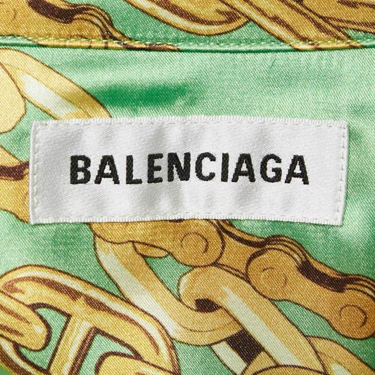 Pre Owned Balenciaga Green Chain Print Satin Short Sleeve Oversized Shirt XS
