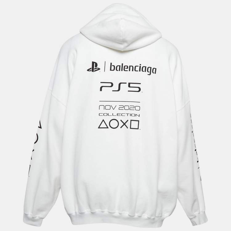 Pre Owned Balenciaga X Sony PS5 White Printed Cotton Oversized Hoodie XS