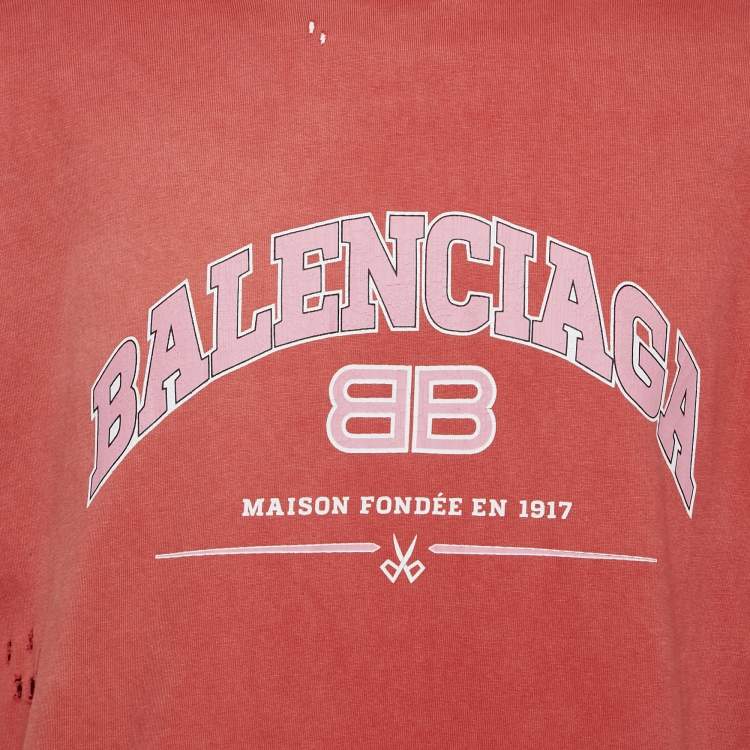 Pre Owned Balenciaga Unisex Red Logo Print Jersey Distressed  T-Shirt M