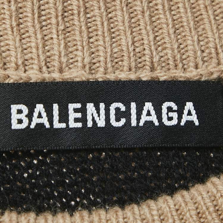 Pre Owned Balenciaga Beige Monogram Jacquard Wool Knit Crew Neck Sweater XS