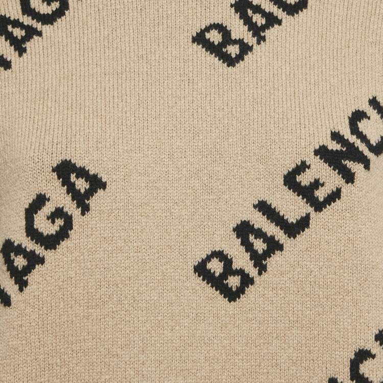 Pre Owned Balenciaga Beige Monogram Jacquard Wool Knit Crew Neck Sweater XS