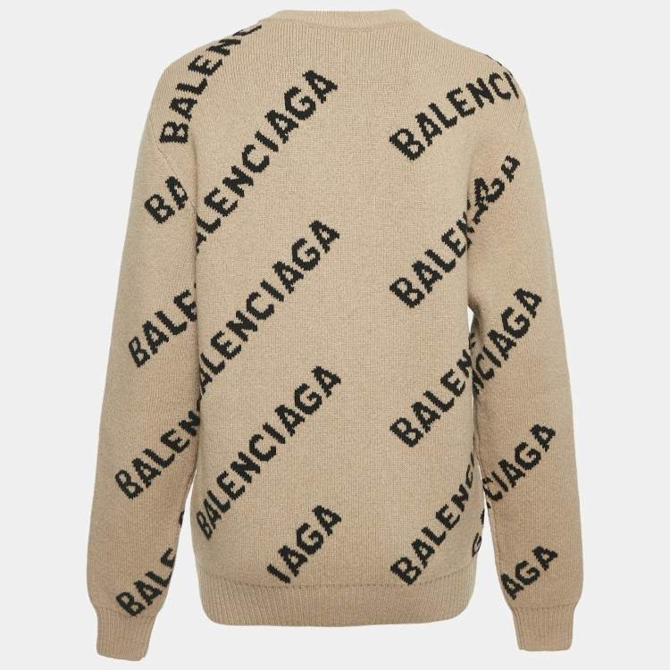 Pre Owned Balenciaga Beige Monogram Jacquard Wool Knit Crew Neck Sweater XS
