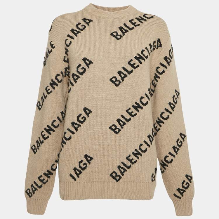 Pre Owned Balenciaga Beige Monogram Jacquard Wool Knit Crew Neck Sweater XS