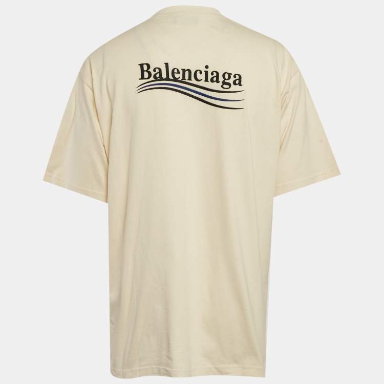 Pre Owned Balenciaga Cream Logo Embroidered Cotton Knit Oversized T-Shirt S