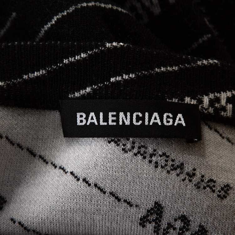 Pre Owned Balenciaga Monochrome Logo Jacquard Wool Crew Neck Sweater M