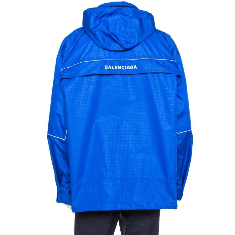 Pre Owned Balenciaga Blue Synthetic Logo Embroidered Oversized Wind Breaker Hoodie XS