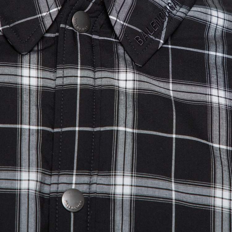 Pre Owned Balenciaga Monochrome Plaid Quilted Detail Oversized Short Sleeve Shirt S