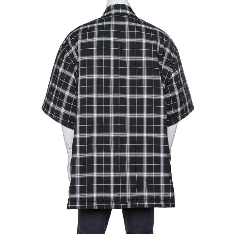 Pre Owned Balenciaga Monochrome Plaid Quilted Detail Oversized Short Sleeve Shirt S