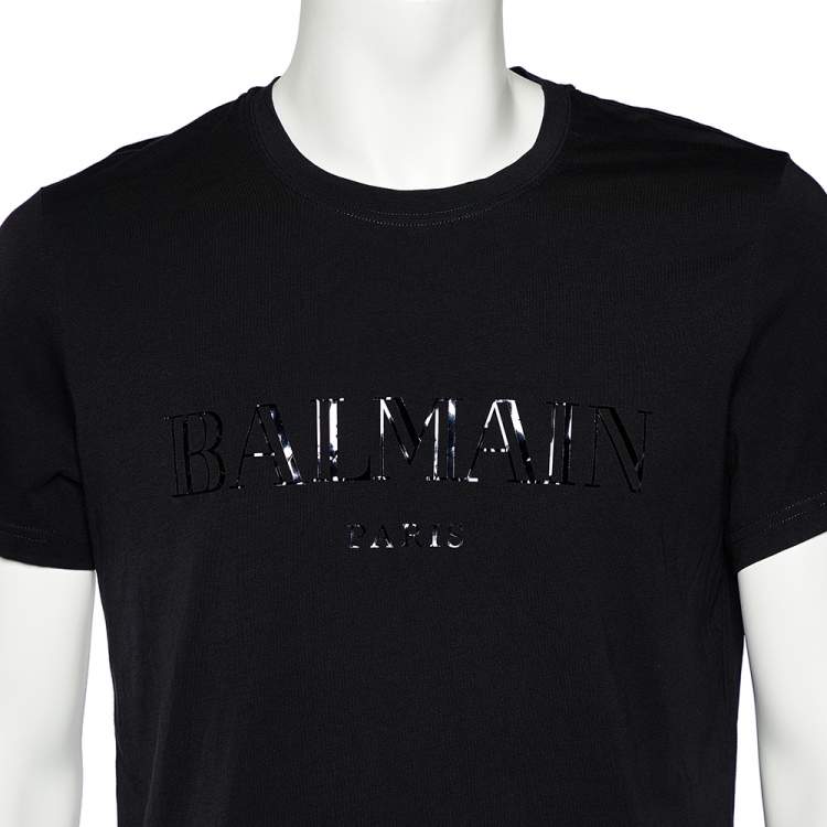 Pre Owned Balmain Black Cotton Glossy Logo Print Crewneck T-Shirt XL
