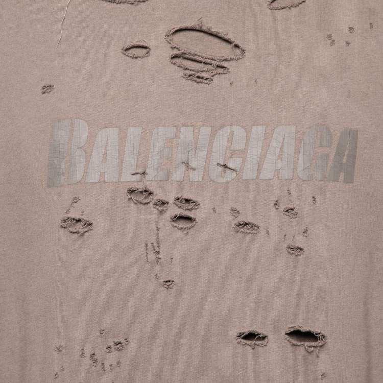 Pre Owned Balenciaga Brown Logo Printed Distressed Cotton Oversized Hoodie M