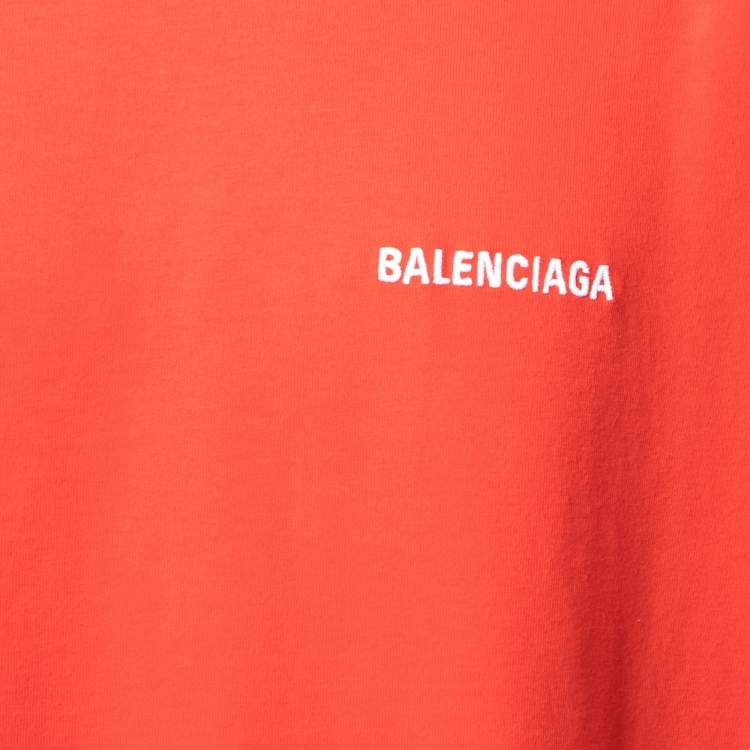 Pre Owned Balenciaga Red Cotton Logo Printed Short Sleeve Crewneck T-Shirt XL