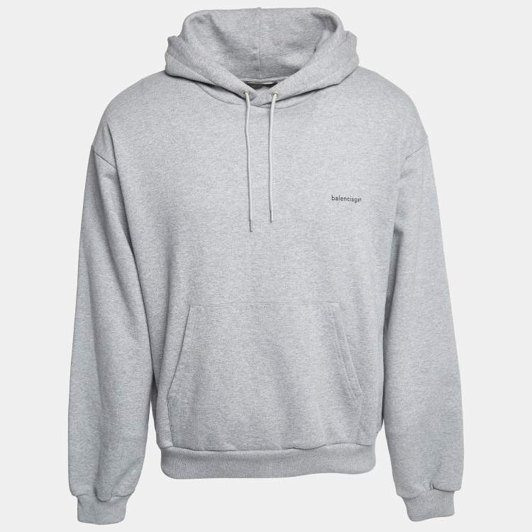 Pre Owned Balenciaga Grey Logo Print Cotton Hooded Sweatshirt L