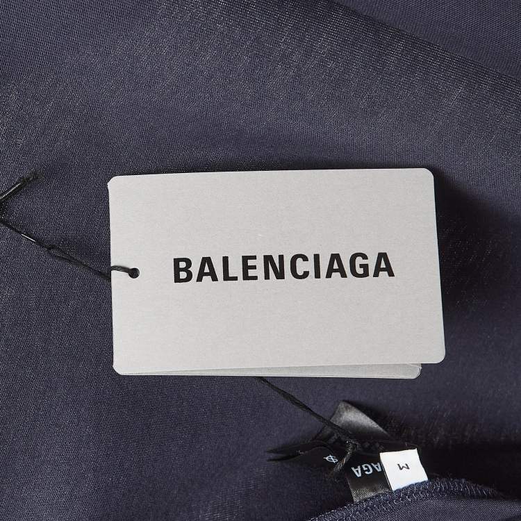 Pre Owned Balenciaga Navy Cotton Knit Logo Printed Crew Neck T-Shirt M