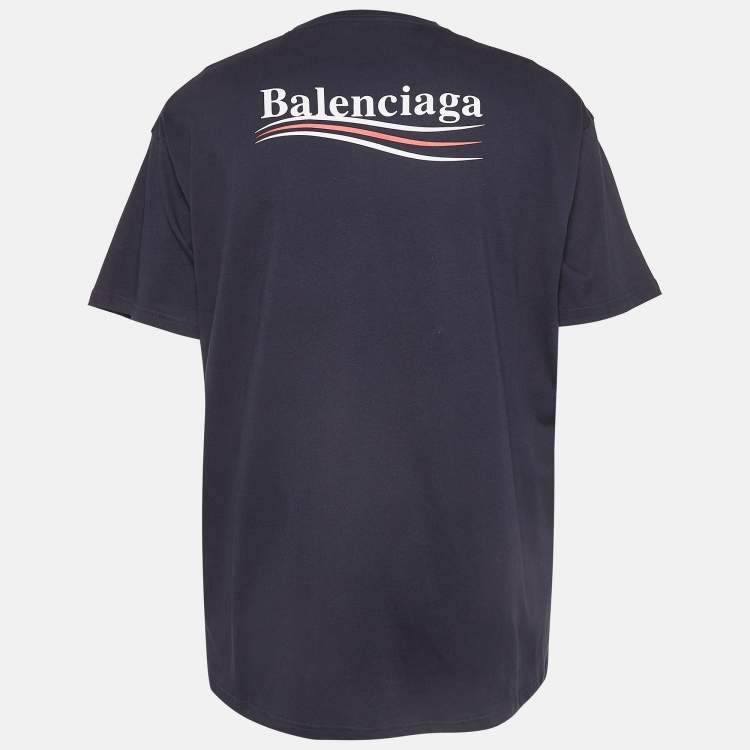 Pre Owned Balenciaga Navy Cotton Knit Logo Printed Crew Neck T-Shirt M