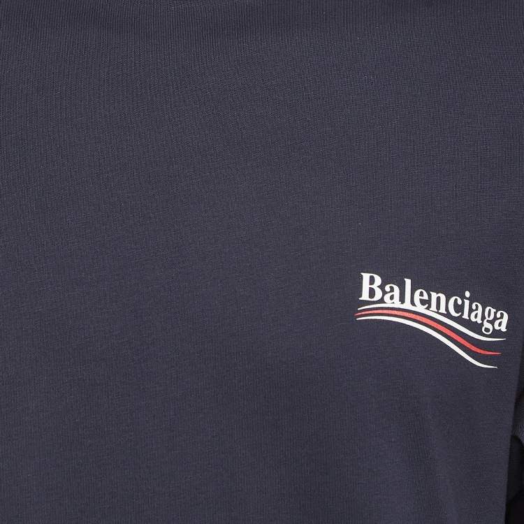 Pre Owned Balenciaga Navy Cotton Knit Logo Printed Crew Neck T-Shirt M