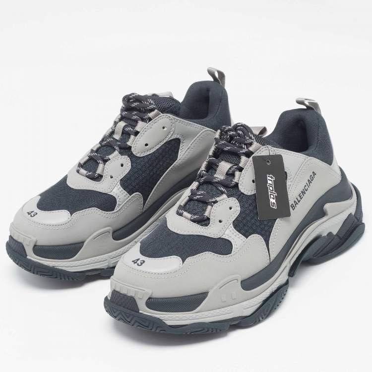 Pre Owned Balenciaga Grey/Blue Faux Leather and Mesh Triple S Sneakers Size 43