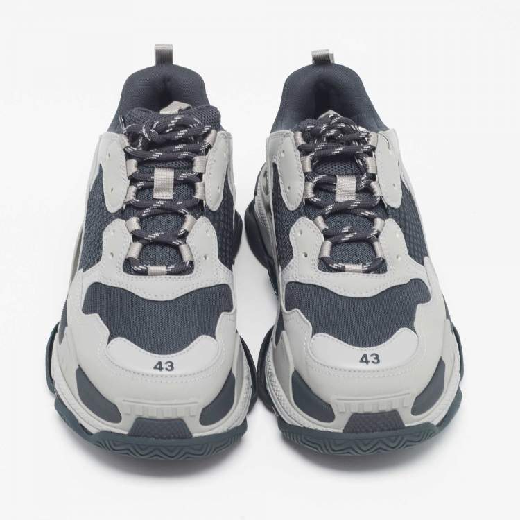 Pre Owned Balenciaga Grey/Blue Faux Leather and Mesh Triple S Sneakers Size 43