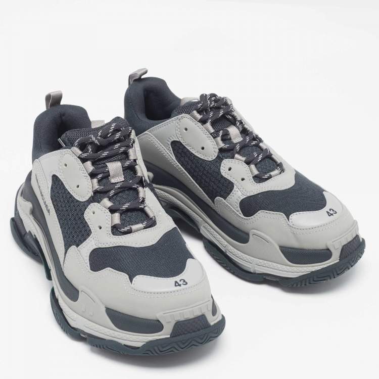 Pre Owned Balenciaga Grey/Blue Faux Leather and Mesh Triple S Sneakers Size 43
