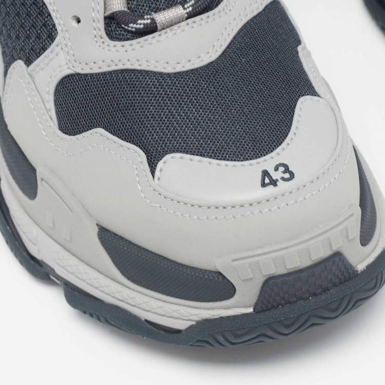 Pre Owned Balenciaga Grey/Blue Faux Leather and Mesh Triple S Sneakers Size 43