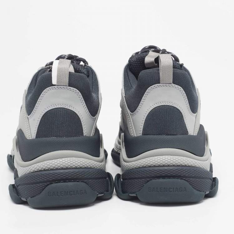 Pre Owned Balenciaga Grey/Blue Faux Leather and Mesh Triple S Sneakers Size 43