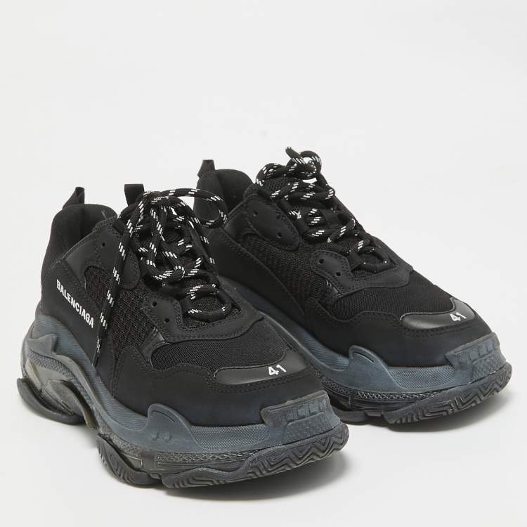 Pre Owned Balenciaga Black Faux Leather and Mesh Triple S Clear Sole Sneakers Size 41