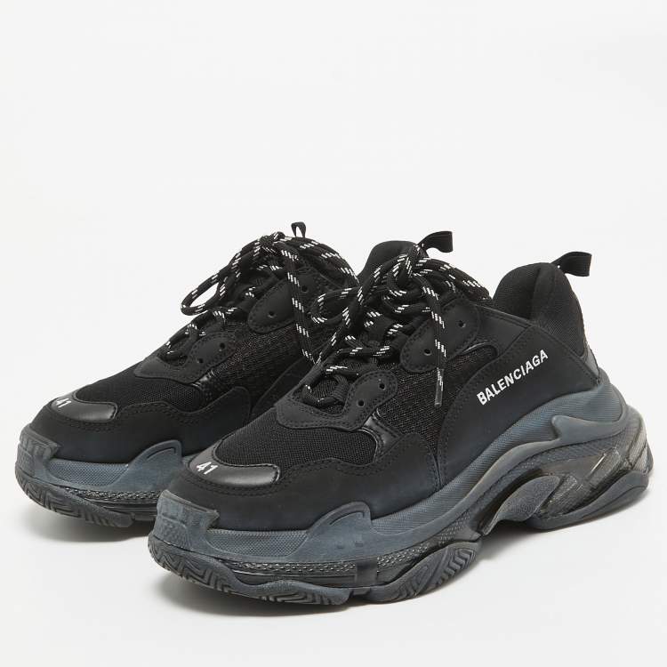 Pre Owned Balenciaga Black Faux Leather and Mesh Triple S Clear Sole Sneakers Size 41